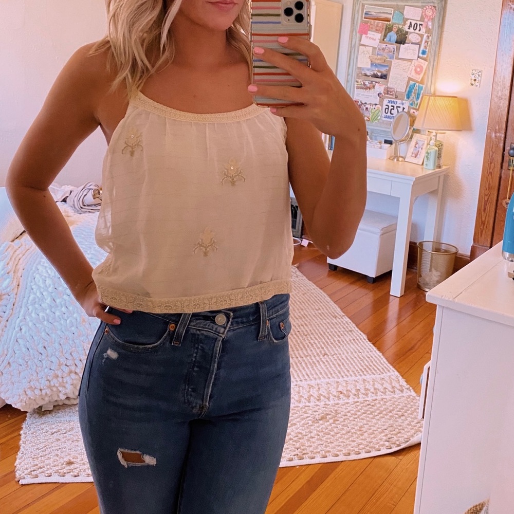 American Eagle White Beaded Cropped Tank
